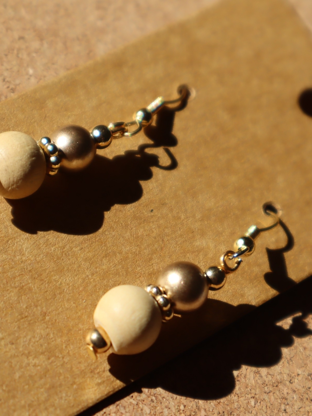 Handmade Gold and Cream Beaded Drop Earrings